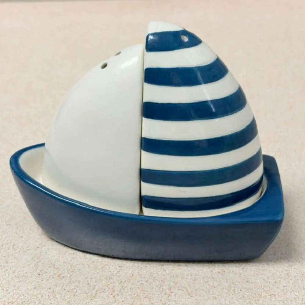 Kirkland’s Home Sailboat Salt Pepper Shaker Set Blue White Ceramic Coastal
